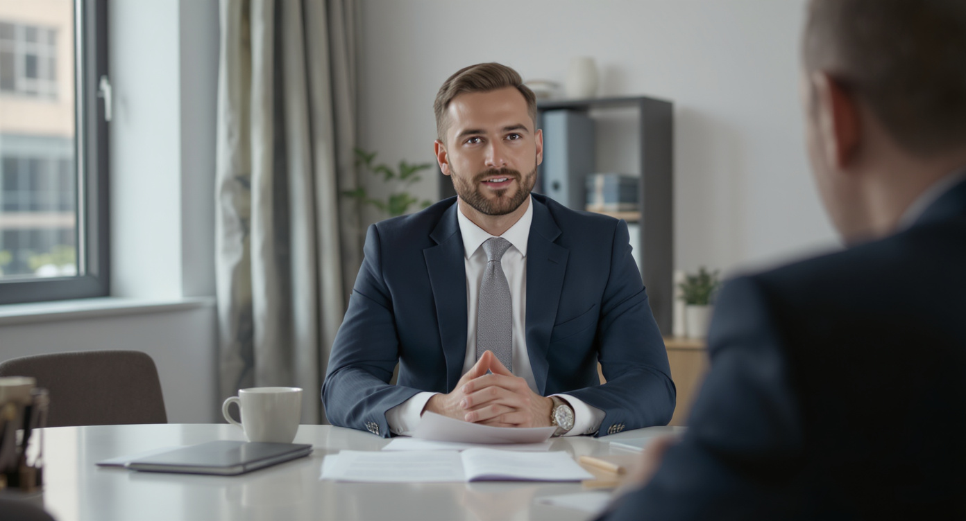 Professional thoughtfully choosing the right words to describe themselves in a job interview