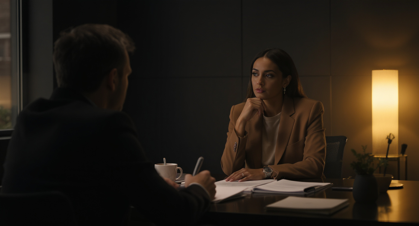 Two professionals in a calm interview conversation — how to answer tell me about yourself