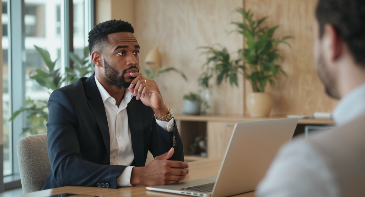 Candidate confidently asking questions at the end of a job interview