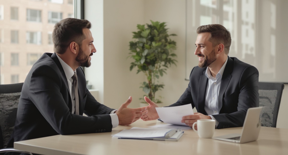 Professional confidently discussing salary expectations in a job interview