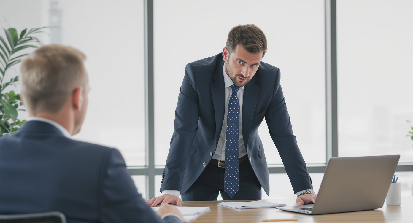 Professional handling a conflict conversation calmly in a workplace setting